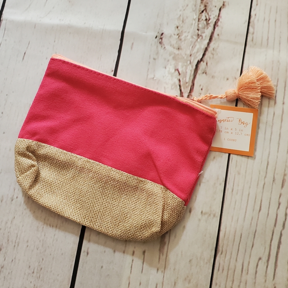 Hot pink canvas, jute makeup bag with tassle pull